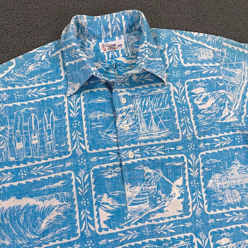 Reyn Spooner Shirt Medium Hawaiian Aloha Popover Pullover Ski Sail Surf Blue